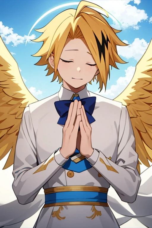 masterpiece, best quality, high quality, 1boy, solo, male focus, looking at viewer, upper body, kaminari_denki, blonde hair, multicolored_hair, angel wings, celestial angel costume prince Color all white and gold, Background: sky with celestial clouds, big wings, Hands clasped in prayer, eyes closed, Golden halo, white wings, look down, six angel wings