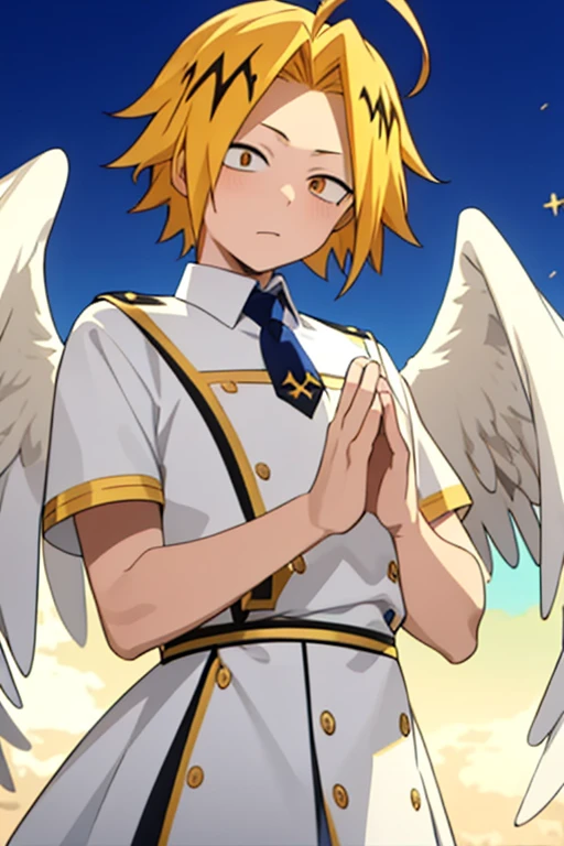 masterpiece, best quality, high quality, 1boy, solo, male focus, looking at viewer, upper body, kaminari_denki, blonde hair, multicolored_hair, angel wings, celestial angel costume prince Color all white and gold, Background: sky with celestial clouds, big wings, Hands clasped in prayer, Golden halo, white wings, look down, six angel wings, third eye on the forehead, totally white eyes