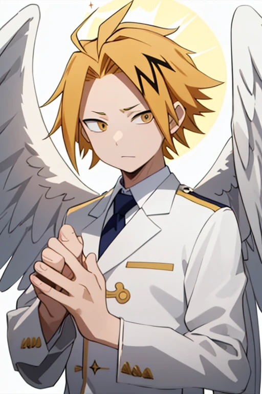 masterpiece, best quality, high quality, 1boy, solo, male focus, looking at viewer, upper body, kaminari_denki, blonde hair, multicolored_hair, angel wings, celestial angel costume prince Color all white and gold, Background: sky with celestial clouds, big wings, Hands clasped in prayer, Golden halo, white wings, look down, six angel wings, third eye on the forehead, totally white eyes