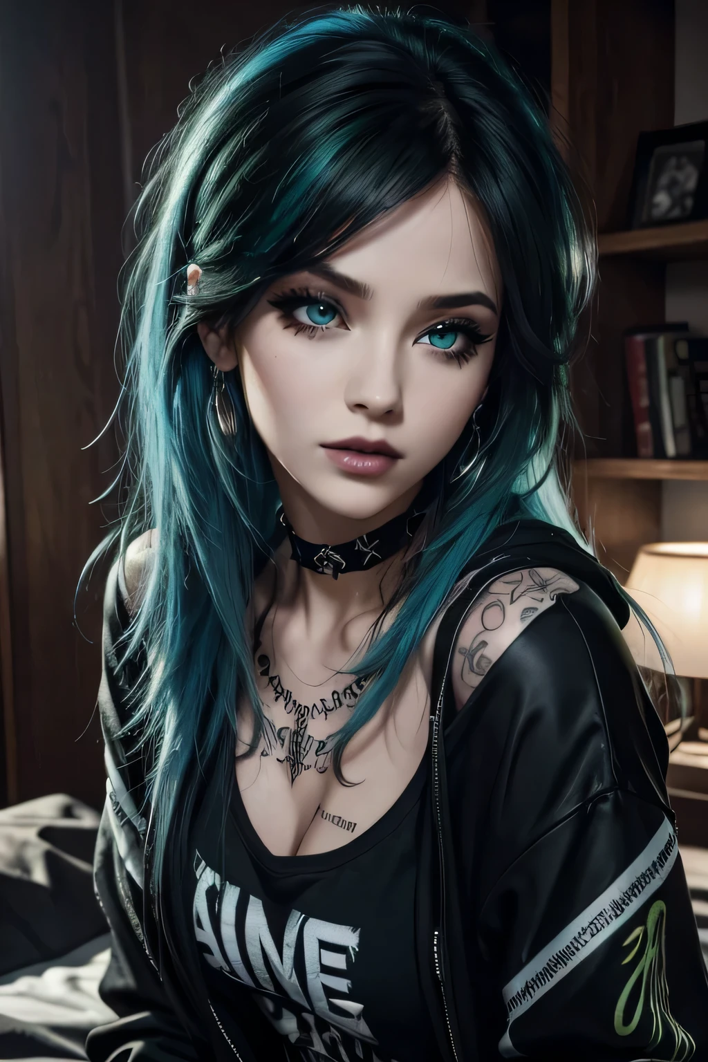 (best quality, 4K, 8K, high resolution, masterpiece: 1.2), ultra detailed, (realistic, photorealistic: 1.37), 1 girl, Beautiful, emo hairstyle, black lips, choker, eyeliner, eyeshadow, mascara, smoky eyes, bedroom, natural lighting, beautiful detailed green eyes, perfect face, hair with neon blue highlights, medium breasts, perfect anatomy, hoodie, over the shoulder, tattoo