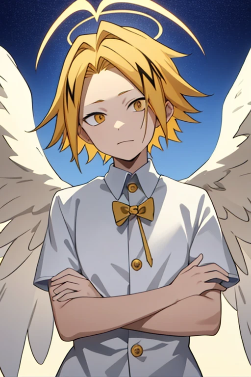 masterpiece, best quality, high quality, 1boy, solo, male focus, looking at viewer, upper body, kaminari_denki, blonde hair, multicolored_hair, angel wings, celestial angel costume prince Color all white and gold, Background: sky with celestial clouds, big wings, Hands clasped in prayer, Golden halo, white wings, look down, six angel wings, third eye on the forehead, totally white eyes