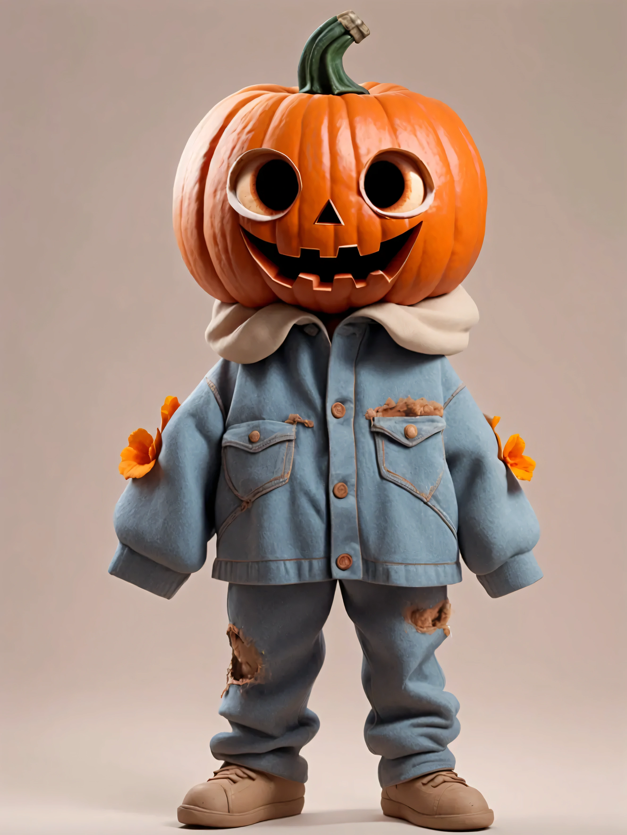 "A realistic depiction of a human being with a pumpkin head. The pumpkin has eyes and a mouth. Wearing tattered, decaying clothing." Full body, standing from the front, both arms and both legs clearly visible.