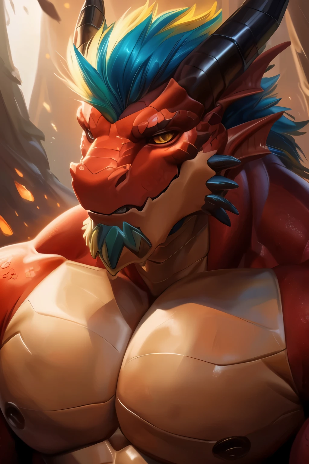 Close-up of a cartoon character,Big breasts, human dragon art, Dragon Portrait, cyborg Dragon Portrait, Portrait of a dragon, Young male orc dragon, As an anthropomorphic dragon, Commission high resolution, extremely detailed Artistic Germ, Rondra, dragon our species, Scarred Dragon, Red Dragon, Artistic Germ. high detail