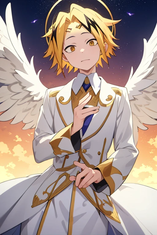 masterpiece, best quality, high quality, 1boy, solo, male focus, looking at viewer, upper body, kaminari_denki, blonde hair, multicolored_hair, angel wings, celestial angel costume prince Color all white and gold, Background: sky with celestial clouds, big wings, Hands clasped in prayer, Golden halo, white wings, look down, six angel wings, third eye on the forehead, totally white eyes
