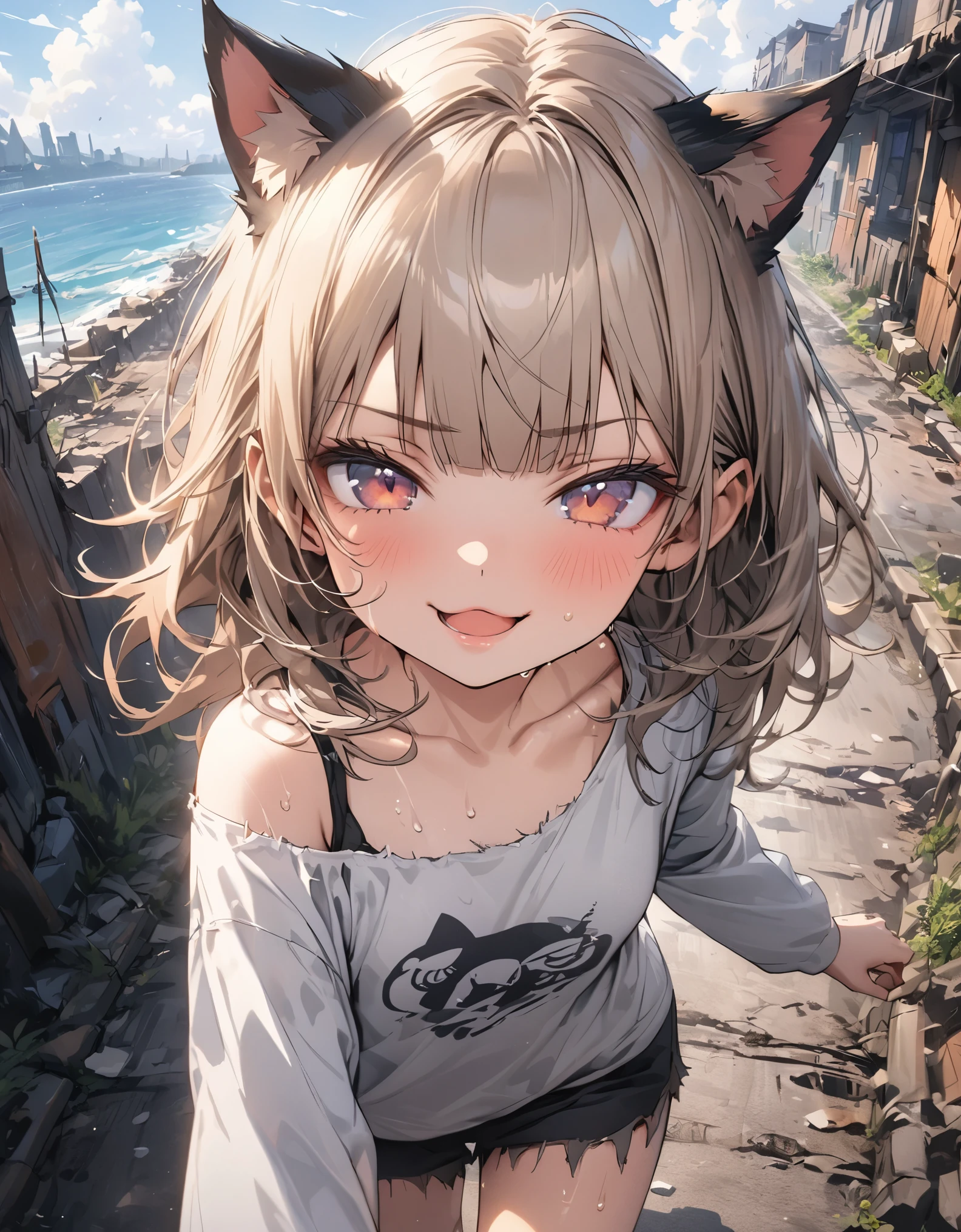 ((Masterpiece)), ((best quality)), (Anime:1.4), (super detail:1.2), (High Definition:1.3), (Professional Photography:1.3), (wide shot), (sharp focus), (perfect light), ((12 years old)), portrait, (morning), Very messy medium hair, ((ragged loose T-shirts)), (slightly exposed small breast), Beautiful collarbone, Slender body, (sit on the jetty), Sweaty skin, (smug), open mouth, Textured skin, Cat ears, Pale brown hair, Cute Beautiful Girl, BREAK, ((best quality)), outdoor, (on the rusty and dirty Collapsed jetty), (View of the sea and slums),