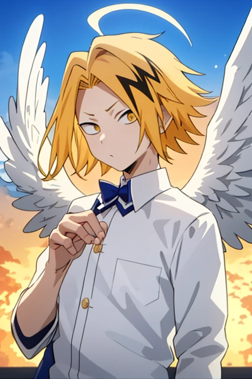 masterpiece, best quality, high quality, 1boy, solo, male focus, looking at viewer, upper body, kaminari_denki, blonde hair, multicolored_hair, angel wings, celestial angel costume prince Color all white and gold, Background: sky with celestial clouds, big wings, Golden halo, white wings, look down, six angel wings, third eye on the forehead, totally white eyes
huge angry angel on a small building