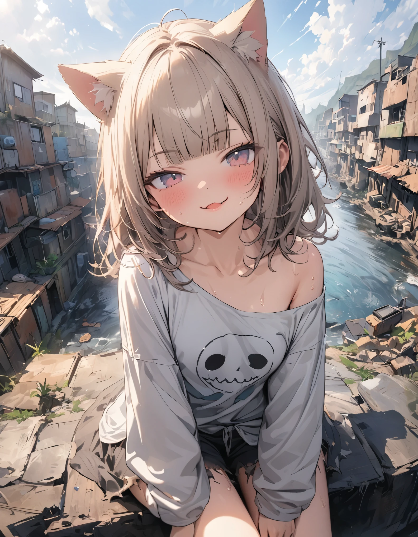 Anime girl with cat ears sitting on a rock overlooking a river - SeaArt AI