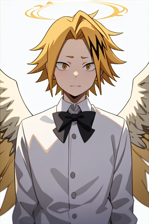 masterpiece, best quality, high quality, 1boy, solo, male focus, looking at viewer, upper body, kaminari_denki, blonde hair, multicolored_hair, angel wings, celestial angel costume prince Color all white and gold, Background: sky with celestial clouds, big wings, Golden halo, white wings, look down, six angel wings, third eye on the forehead, totally white eyes
huge angry angel on a small building