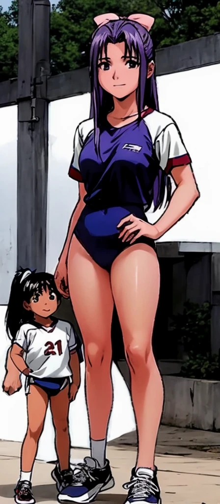 Momoko Koigakubo, a tall girl with beautiful legs, is standing with a smile on her face in a white gym uniform and light navy blue bloomers that look like panties.。Standing next to him is an adult female teacher with black hair and wearing a tracksuit.。