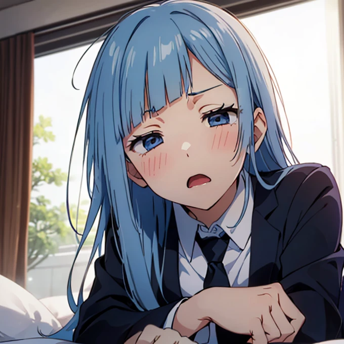 ((Miwa Kasumi 1.3)),Long legs,One Girl, Blue Hair, tie, Long Hair,black tie, blue eyes, shirt, Upper Body, bangs, jacket, white shirt, formal, collared shirt, suit, blunt bangs, School uniform,((Yawn:1.1)),(Blushed),(extremely detail),cute,((deep detail eyes:1.2)),(no pupils:1.1),(looking up:1.1),(Tilt your head:1.1),((Waking up:1.3)),((Sleepy face:1.2)),Drooling,((A confused face:1.3)),((Stupid face:1.3)),(sleepy:1.3),((Dazed face:1.3)),((Drunk eyes:1.2)),(Messy Hair:1.3),(((Dozing off:1.3)))