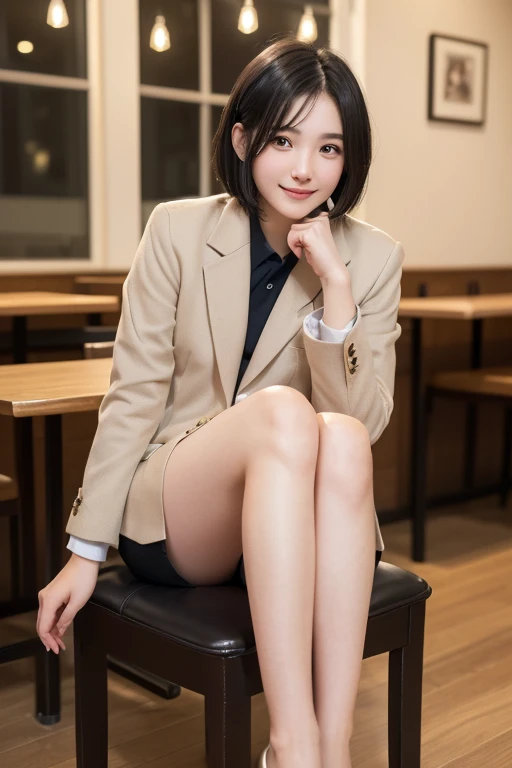 ((full body)),((full pose picture)) Masterpiece: 1.3), (8K, Photorealistic, RAW Photography, Best Quality: 1.4), Japan Girls, Standard Body Shape: 1.3, (light brown straight bob Hairstyle: 1.4), Ultra Detail Face, Eyes of Detail, Double Eyelids, slim legs, slim body, 20 years old girl, teen, ((squatting:1.4)), Slouching Breasts, Sharp Focus: 1.2, Pretty Women: 1.4, Light black Hair, Top Quality, wink, blushing, Masterpiece, ((smile:1.3)), Ultra high resolution, firm buttocks, black eye shadow, (photorealistic: 1.4), very detailed and professional lighting serious smile, office suit:1.4, hotel room, black skirt, black heels, spread legs:1.3,