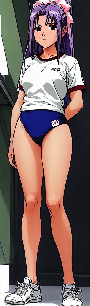 Fit Dark-haired Caucasian woman with a ponytail, in green pink and white striped bra, green pink and white striped high cut panties, in locker room, anime art style, intricate details