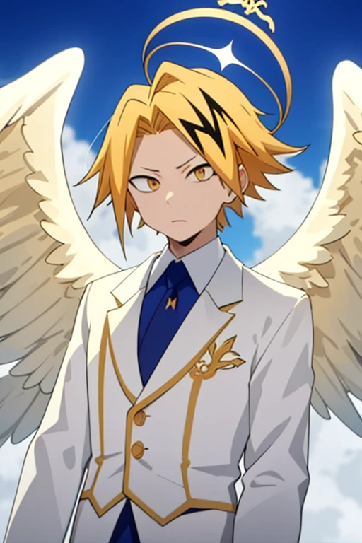 masterpiece, best quality, high quality, 1boy, solo, male focus, looking at viewer, upper body, kaminari_denki, blonde hair, multicolored_hair, angel wings, celestial angel costume prince Color all white and gold, Background: sky with celestial clouds, big wings, Golden halo, white wings, look down, six angel wings, third eye on the forehead, totally white eyes
huge angry angel, total white eyes, total white pupils