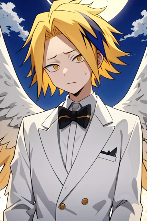 masterpiece, best quality, high quality, 1boy, solo, male focus, looking at viewer, upper body, kaminari_denki, blonde hair, multicolored_hair, angel wings, celestial angel costume prince Color all white and gold, Background: sky with celestial clouds, big wings, Golden halo, white wings, look down, six angel wings, third eye on the forehead, totally white eyes
huge angry angel, total white eyes, total white pupils