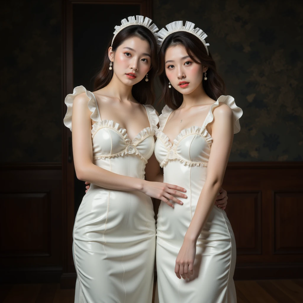 image、(masterpiece,highest quality,Ultra-high resolution),Japanese women, (((Very beautiful 2 girls))),(White latex maid costume)、((White latex maxi skirt))、(A long-sleeved white latex shirt covers the upper body)、White latex gloves、White latex leggings、White latex bodysuit、Ruffles、This dress is very close fitting、Latex is very shiny、darkroom、