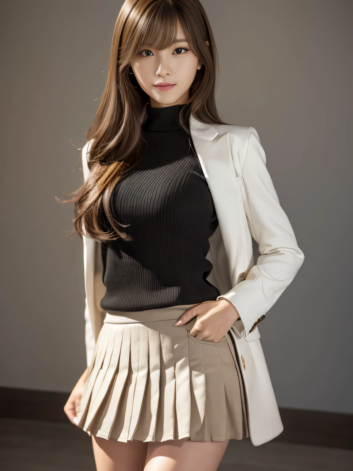noon、Meeting room background、Jacket、Light brown hair、White suit、Black turtleneck、Short skirt、beauty secretary、(Very large breasts、Very thin and long legs、Perfect figure、High heels、whole body、Big smile)、1 female、No makeup、、(masterpiece、8K,RAW Photos、High resolution:1.4)