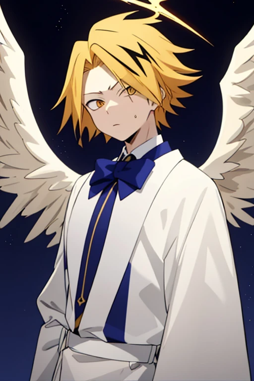 masterpiece, best quality, high quality, 1boy, solo, male focus, looking at viewer, upper body, kaminari_denki, blonde hair, multicolored_hair, angel wings, celestial angel costume prince Color all white and gold, Background: sky with celestial clouds, big wings, Golden halo, white wings, look down, six angel wings, third eye on the forehead, totally white eyes
huge angry angel, total white eyes, total white pupils