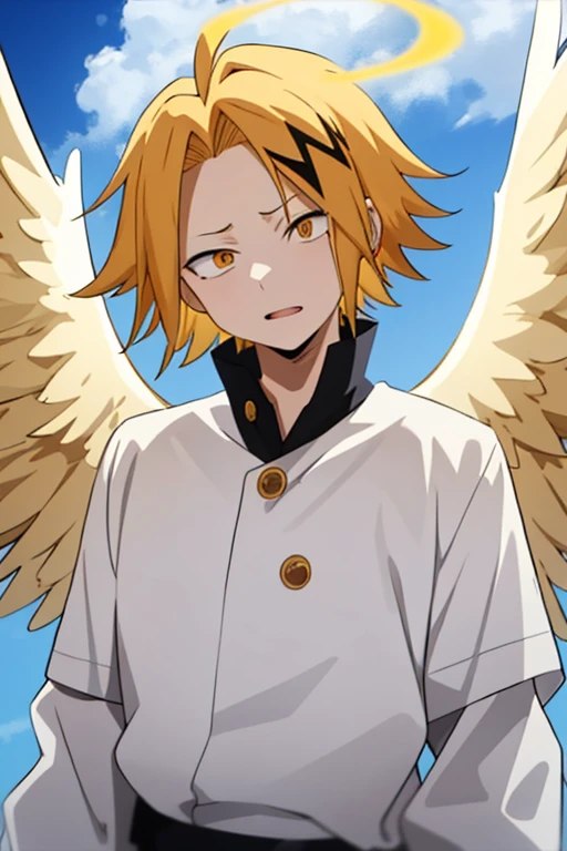 masterpiece, best quality, high quality, 1boy, solo, male focus, looking at viewer, upper body, kaminari_denki, blonde hair, multicolored_hair, angel wings, celestial angel costume prince Color all white and gold, Background: sky with celestial clouds, big wings, Golden halo, white wings, look down, six angel wings, third eye on the forehead, totally white eyes
huge angry angel, total white eyes, total white pupils