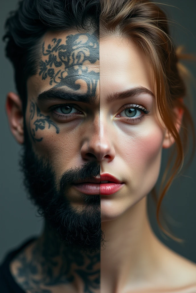 photoillustration of double exposure of merged, a lady, a man, (solid effect of a man image facing on her), seamless mix, texture and pattern, solid effect, iconic stance, dramatic shadows, dramatic lights, interlacing elements, fit-image facing on her, breast, side view, fantasy art, two tones, opposite-opponent digital manipulated photo art, hyper-realistic, ultra-detailed, crisp clarity, high-contrast, luminous ambiance, rich textures, intricate patterns, vivid colors, cinematic lighting, photorealistic, accurate anatomical proportions.
