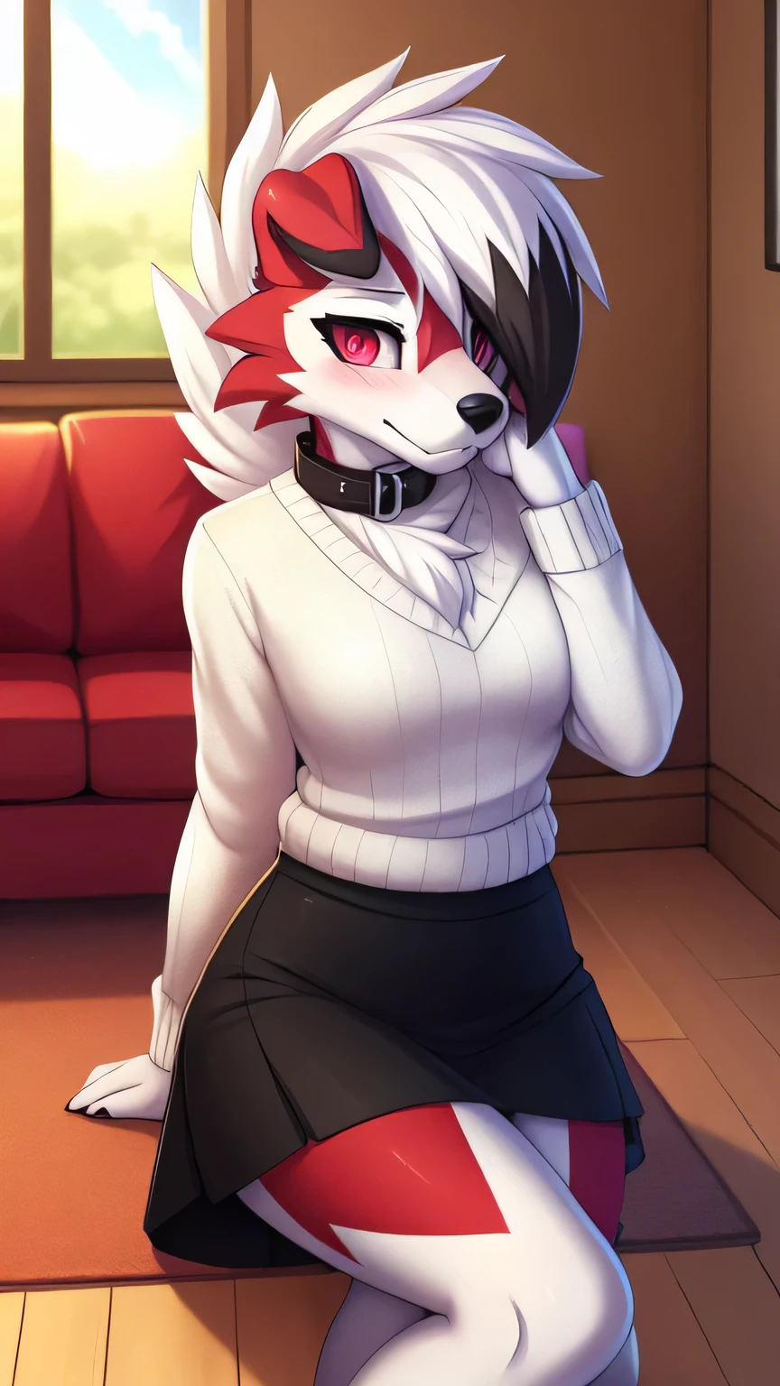 By zinfyu,by twistedscarlet60, uploaded on pixiv, by fluff-kevlar, (masterpiece), (best quality), (solo female:1.2), (extremely detailed:1.3),(detailed eye,black circle on eye,pink eye), lycanroc midday, Front view, view on viewer, close view, flustered face, half body on potrait, only body and head, close view, wearing croptops white sweater ,wear black skirt, dress neatly, feminime medium size chest, close up photo of lycanroc, focus on face, in home living room, :3 mouth, beautiful eyebrow, shy, blush, wearing white collar, Paws pose, potrait, half body in potrait, sitting, horny