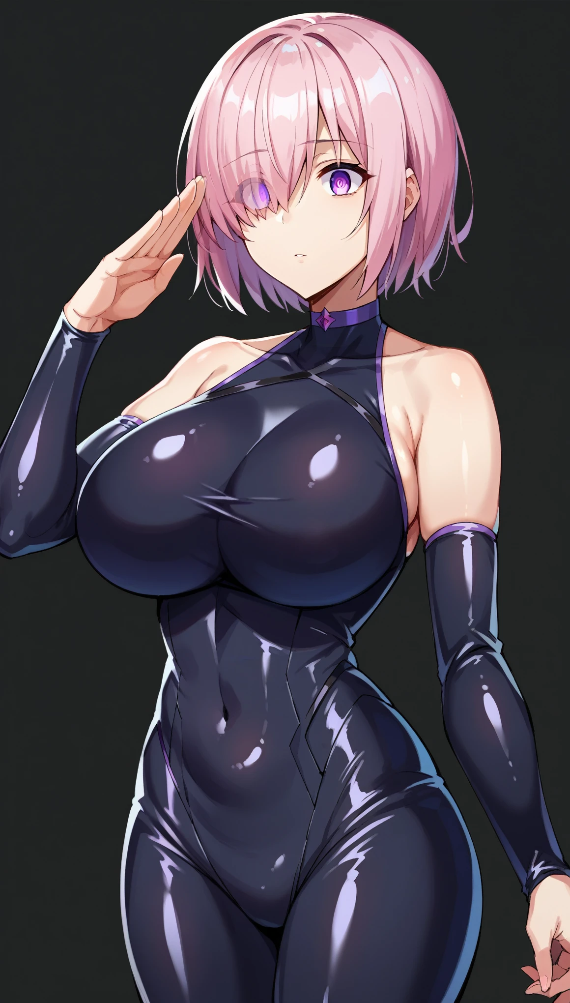 score_9, score_8_up, score_7_up, score_6_up, score_5_up, score_4_up, BREAK source_anime,Mash Kyrielight, pink hair, choker,purple eyes,((glowing eyes)), Huge breasts, (evil depravity), ((stand up, salute,)),empty eyes,Expressionless, ((rubber tight, skin black tight)),black background, simple background,