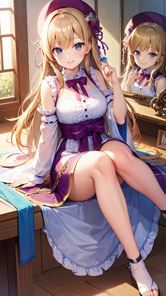 masterpiece, highest quality, (((ソロMature Womanジャネット))), (((Platinum Blonde Hair))), ((long braided ponytail)), (((Wide Hips))), (((Bright Blue Eyes))), Fuller lips, Captivating smile, Cleavage, (((Seated on a wooden throne))), (((Bookshelf, Candles))) sunset, Blushing, "Beautiful mature face" , 30 years old , Mature Woman , Adult ((Purple kimono with a fine gold pattern)), Bare shoulders, ((Sexual suggestion)), Perfect beautiful eyes, Fine grain. Thick lips, ((Big Breasts)), (Thick thighs), top down, look down, (((Shiny skin))), (((Chubby))), necklace, bracelet, Hoop Earrings, (((face of europe))), ((Oiran)), Japanese Clothing, Boob Plate, heart, Complex, eye shadow, floral print, hairpin, lipstick, compensate, Red lips, sarashi, (((kiseru))), Holding a pipe in his right hand, (((barefoot)))、Camel Toe、Giant tit、Nipple Puffs、Cleavage、Plump、Super big breasts、Super big butt、white smoke、Pipe、puff on a pipe、Enra enra、Leg spread、xxxHOLiC、Temptation、lure