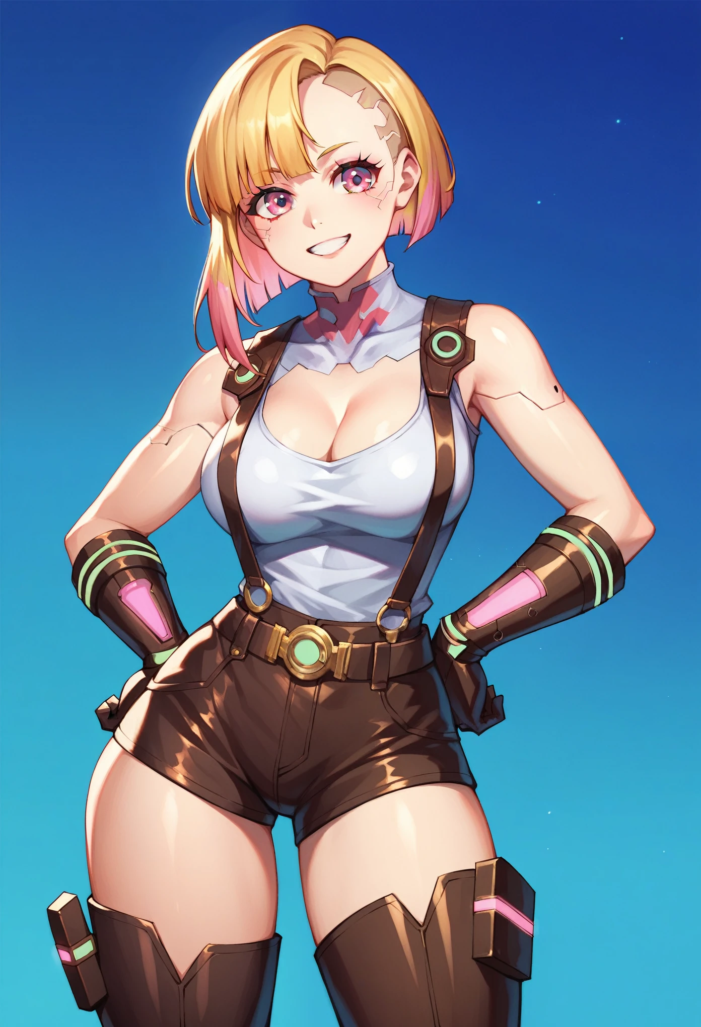 (masterpiece, best quality:1.2), pink glowing eyes, pink eyes, perfect face, blonde, gorgeous, strong make up, highres, 1 girl, solo, make up, (female:1.5), multcolored hair, shoulder eletronic armor, cleavage, sleeveless turtleneck, cute outfit, white shirt, eletronic forniture, suspenders, belt, gloves, bracer,  cute smile, standing, portrait, looking at viewer, cyberpunk forniture, long leather boots, fullbody shot, dinamic pose, cyberpunk backgrund, futuristic cyberpunk theme,