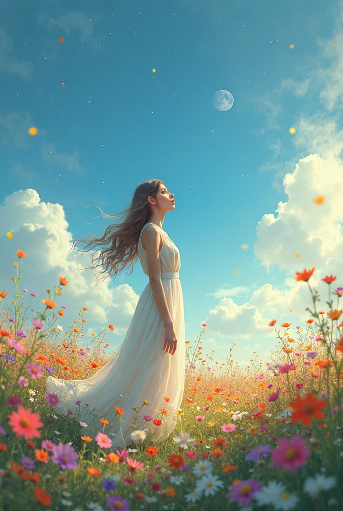There is a girl standing in a flower field looking up at the sky ...