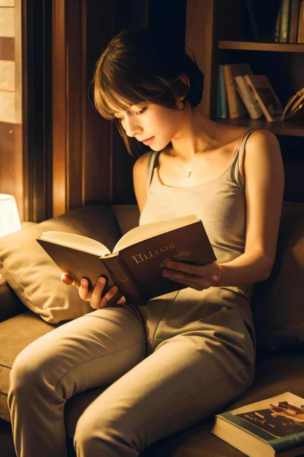 A girl with short hair is reading a book in her bedroom,There are a lot of books on the shelves,kawa,pens,Study desk,The picture is warm,lamplight,adolable,