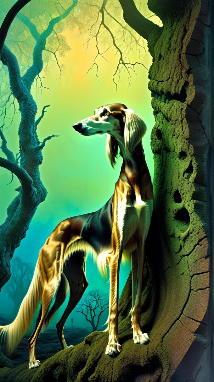 Adventure, Aether, Kraken, Verdant, Canvas, Voyage, (Double exposure:1.3) photo of a (saluki:1.4) made of cracked stone with sub scattering mirror surface imposing onto rotted tree hollow trunk, fine art, super dramatic dusk, amazing depth, intricate detailed fine cracked surface, stunning atmosphere, mesmerizing terrifying scenery, complex masterwork, ((masterpiece, best quality)), ultra detail, ((Hellscape aesthetic)), (art by zdzislaw beksinski:1.2), (Cracked Skin:1.4), anime style, realistic, photorealistic, by zdzislaw beksinski, (sharp colors:1.3), (Infrared:1.2), ultra detailed, ((ultra sharp)), (surrealism:1.4), (disturbing:0.8), beksinski style painting, full body in frame, centered body, (male:1.2), ((intricate details)), dynamic pose, perfect face, (realistic eyes), perfect eyes, beautiful eyes, ((dark surreal background))