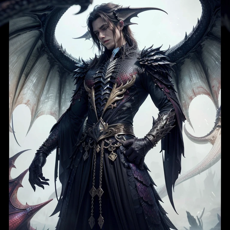 This same image is more beautiful and realistic, he is a draconian, keep the details, put some more dragon aspects into it, like claws but hands and a more beautiful wing, maybe some scales