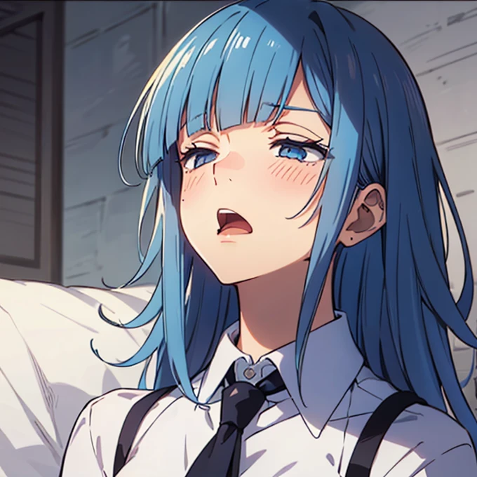 ((Miwa Kasumi 1.3)),Long legs,One Girl, Blue Hair, tie, Long Hair,black tie, blue eyes, shirt, Upper Body, bangs, jacket, white shirt, formal, collared shirt, suit, blunt bangs, School uniform,((Yawn:1.1)),(Blushed),(extremely detail),cute,((deep detail eyes:1.2)),(no pupils:1.1),(looking up:1.1),(Tilt your head:1.1),((Waking up:1.3)),((Sleepy face:1.2)),Drooling,((A confused face:1.3)),((Stupid face:1.3)),(sleepy:1.3),((Dazed face:1.3)),((Drunk eyes:1.2)),(Messy Hair:1.3),(((Dozing off:1.3))),((Dress casually:1.3))