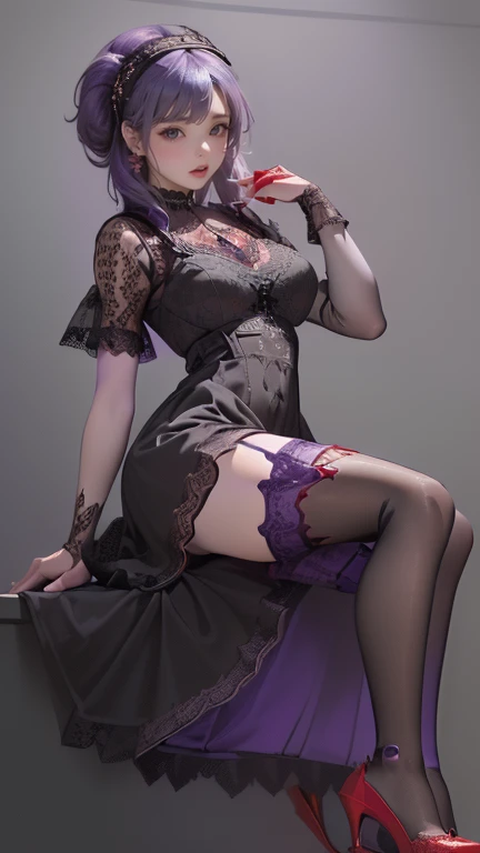 Girl with modern gothic makeup, fair skin, long legs, black eyeshadow, camisole, sexy figure, earrings and lip studs, fishnet stockings, posing in an attractive pose, lovable expression
