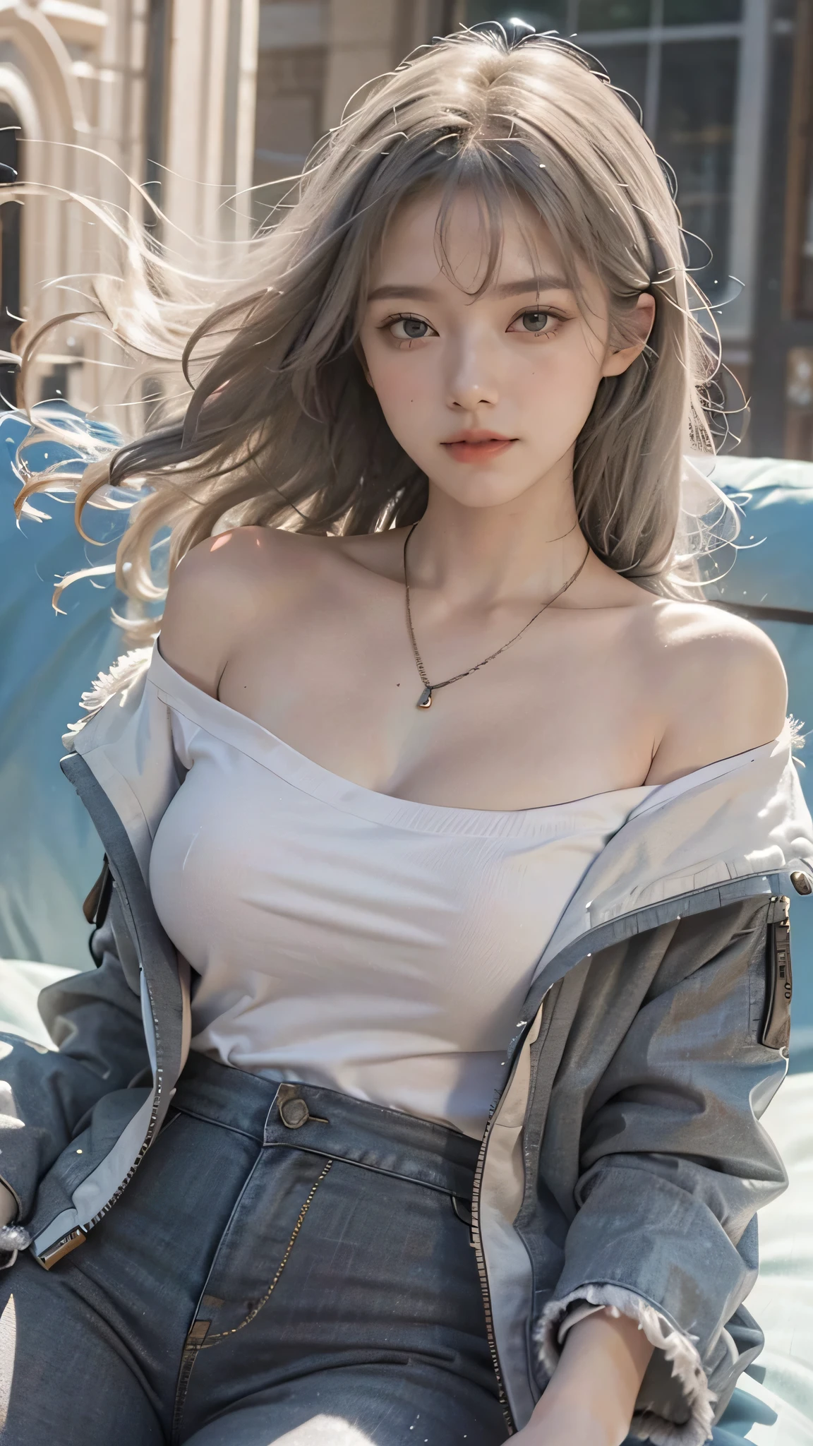 (masterpiece), (best quality), (ultra detailed),(illustration), (1girl),looking at viewer, (interview),beautiful detailed eyes, delicate beautiful face, Floating,(high saturation),(shining), large breast, frimadef, grey hair, grey shirt, red jacket, fur trim, open clothes, off shoulder, black pants, torn pants, necklace, sleep mask, smiled