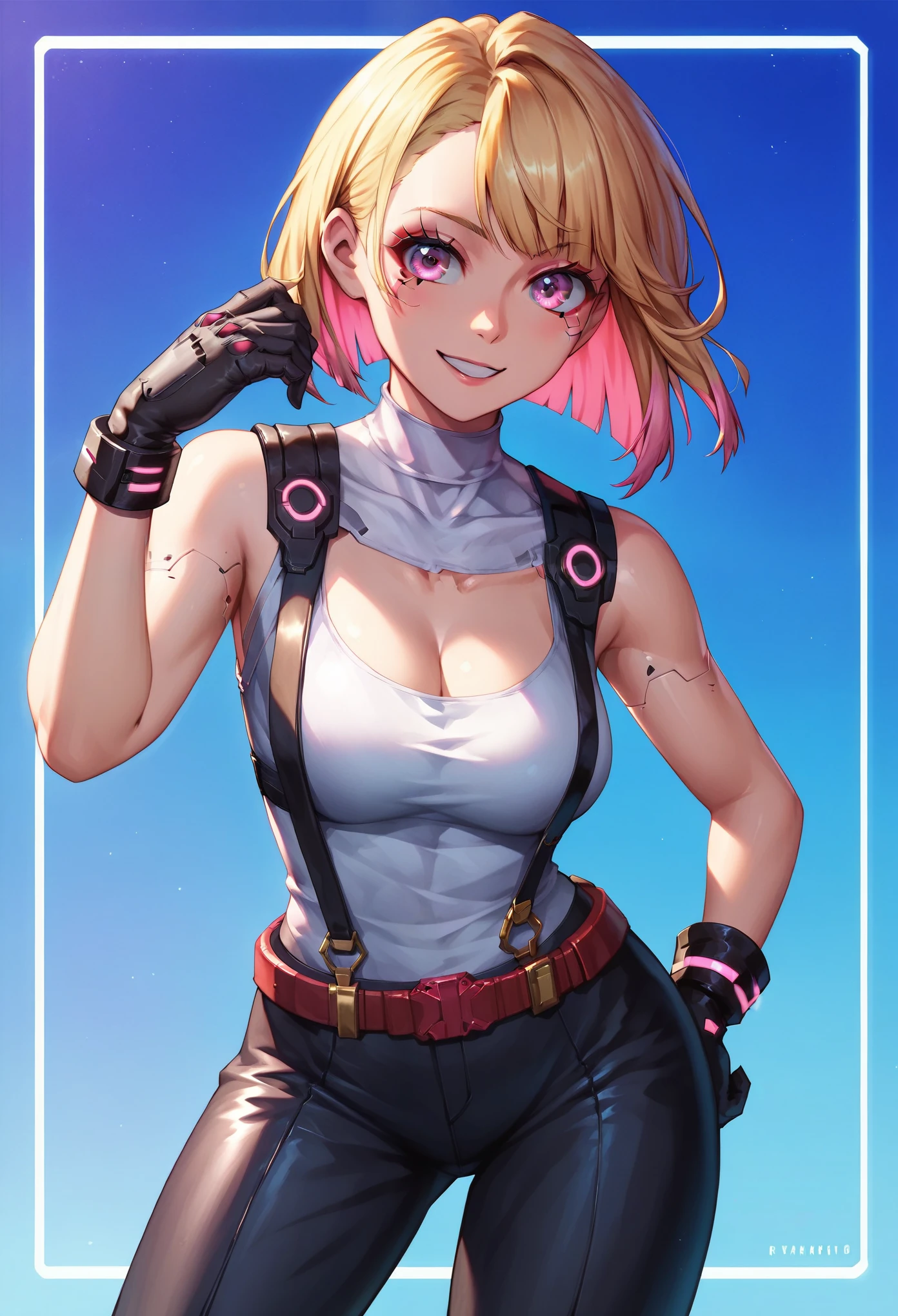 (masterpiece, best quality:1.2), pink glowing eyes, pink eyes, perfect face, blonde, gorgeous, strong make up, highres, 1 girl, solo, make up, (female:1.5), multcolored hair, shoulder eletronic armor, cleavage, sleeveless turtleneck, cute outfit, white shirt, eletronic forniture, suspenders, belt, gloves, bracer,  cute smile, standing, portrait, looking at viewer, cyberpunk forniture, long leather boots, fullbody shot, dinamic pose, cyberpunk backgrund, futuristic cyberpunk theme,