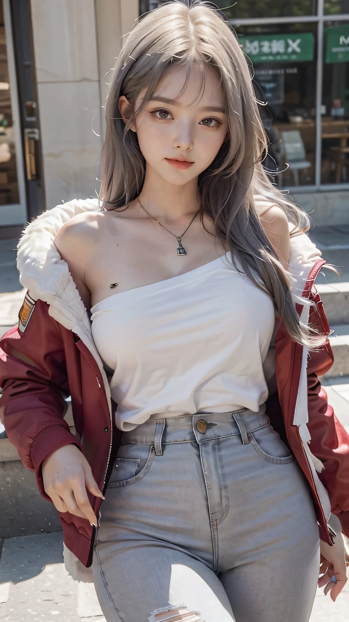 (masterpiece), (best quality), (ultra detailed),(illustration), (1girl),looking at viewer, (interview),beautiful detailed eyes, delicate beautiful face, Floating,(high saturation),(shining), large breast, frimadef, grey hair, grey shirt, red jacket, fur trim, open clothes, off shoulder, black pants, torn pants, necklace, sleep mask, smiled