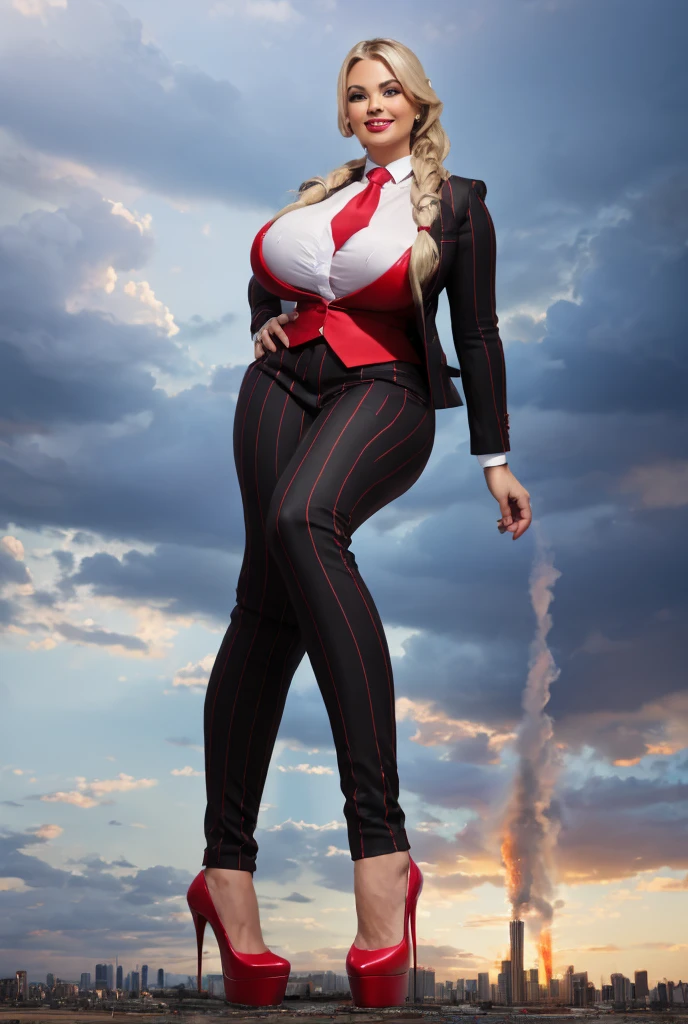 Giantess art, giga giantess in distance, a group of multiple women with beautiful curves, massive thighs, blonde hair in a fishtail braid, lipstick, wearing a perfect grey pinstriped trouser suit and blazer, crisp white shirt, and a large windsor knot, red tie, with massive breasts. She is wearing black platform high heels and standing on a miniature city, with skyscrapers at her feet, smiling with her huge breasts. This image is highly detailed, photorealistic, best quality, a masterpiece, with cinematic lighting, ultra-detailed, featuring black patent Louboutin pumps, long ponytail hair with front bangs, low altitude photography, a curvy figure, heaving bosom, legs, a mega city, urban skyscrapers sprawl, destruction at feet, fires, arm, buildings, roads, a cloudy, overcast, hazy atmosphere, and wispy clouds. 