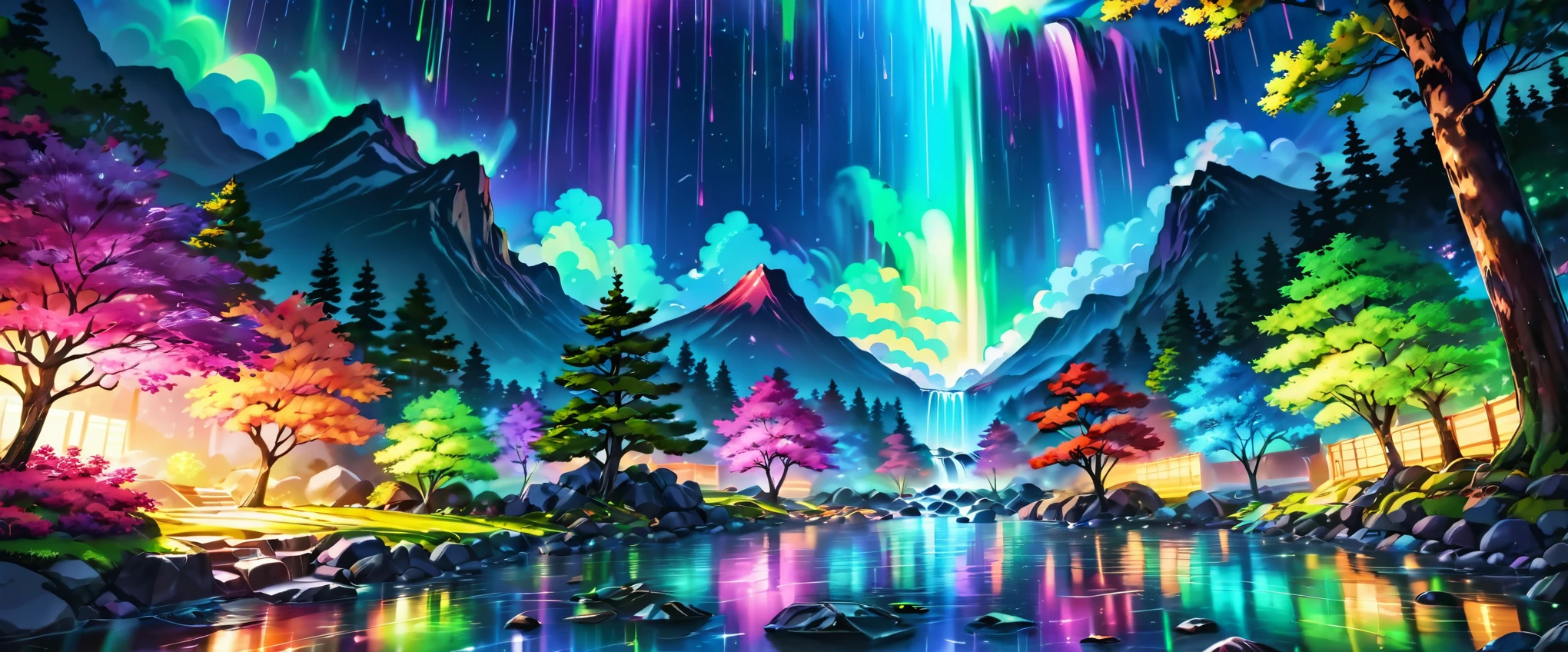 japanese waterfall garden, (Ethereal, fluorescent colors, neon lights), aurora_borealis, (masterpiece), best quality, highres, 4k, 8k, cinematic lighting, amazing quality, amazing shading, soft lighting, light particles floating, feerie aura, chromatic aberration, colorful starry night time, colorful falling star rain, intricate detail, extremely detailed, Illustration, official artwork, anime style, wallpaper, official art, analog style, a realistic photo, film grain, (photorealistic:0.6), taken by a canon eos r5, chromatic aberration, colorful, bright colors