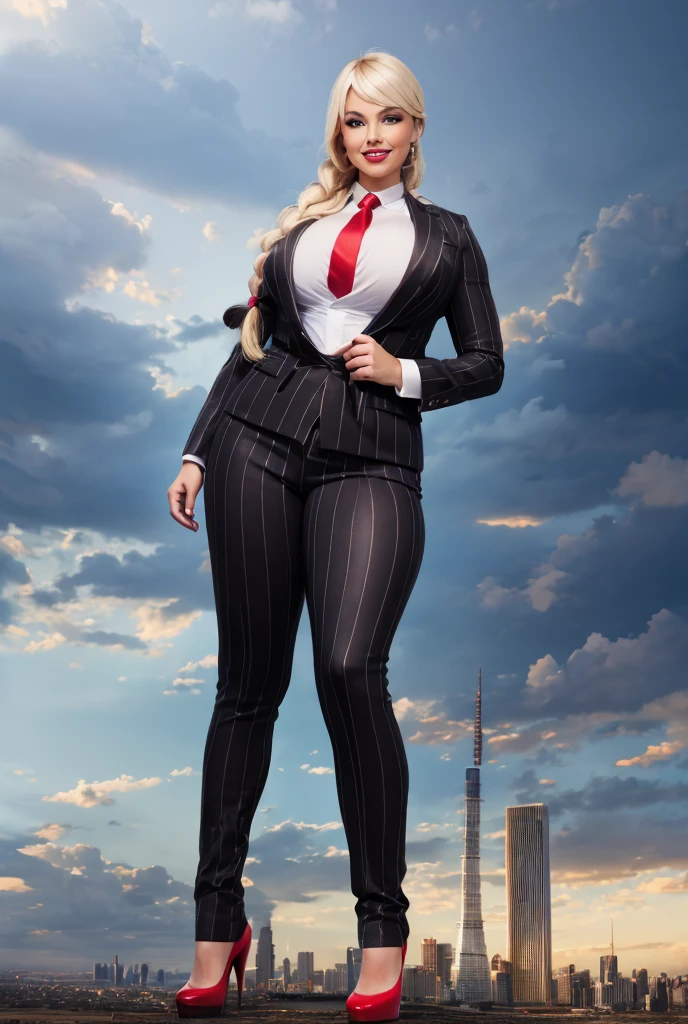 Giantess art, giga giantess in distance, a group of multiple women with beautiful curves, massive thighs, blonde hair in a fishtail braid, lipstick, wearing a perfect grey pinstriped trouser suit and blazer, crisp white shirt, and a large windsor knot, red tie, with massive breasts. She is wearing black platform high heels and standing on a miniature city, with skyscrapers at her feet, smiling with her huge breasts. This image is highly detailed, photorealistic, best quality, a masterpiece, with cinematic lighting, ultra-detailed, featuring black patent Louboutin pumps, long ponytail hair with front bangs, low altitude photography, a curvy figure, heaving bosom, legs, a mega city, urban skyscrapers sprawl, destruction at feet, fires, arm, buildings, roads, a cloudy, overcast, hazy atmosphere, and wispy clouds. 