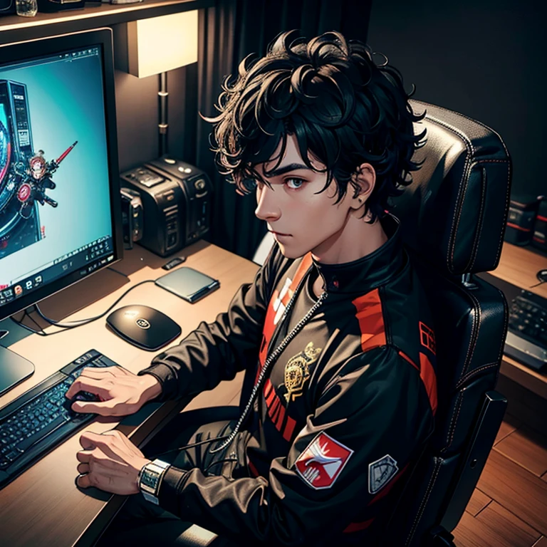 High detail CG，rich details​，E-sports hotel，Instant noodles，cyberpunk style，Esports Boy，Use fones de ouvido cyberpunk style，slightly curly black hair，Sitting in a gaming chair，The art of marking the point, tanned, brazilian flag, monkey plush, professional microphone. front view, , instagram profile picture,moreno, non-white person