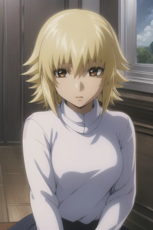 ((Masterpiece)), (((Best quality))), ((Ultra-detailed)), ((illustration)), ((Disheveled hair)), ((frilld)), (1 Girls), (Solo),Sweaters,upper body,
brown eyes,Blonde hair,full body,short hair,rating:safe,