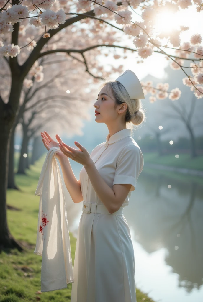 A high quality 8K Full HD photo of a military nurse,She has short white hair,Washing clothes under the cherry blossom trees by the river, There is a small amount of blood on the clothes, (Hands open with white laundry and raised to the sun,) Many big bubbles are flying, Shot from the side and below