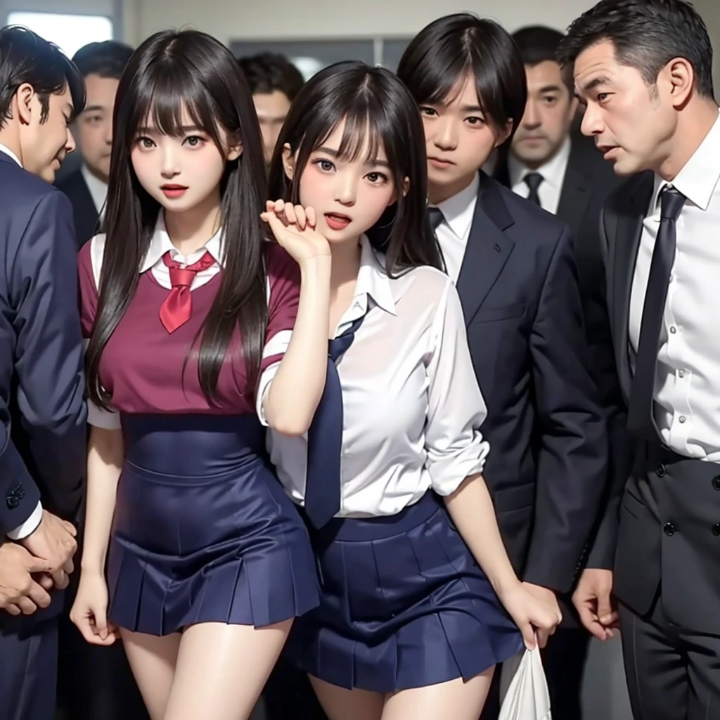 A beautiful innocent girl surrounded by excited high school boys, On the way to school, Beautiful woman like an idol, She screams with her mouth open in shame after being molested in public and watched from close range, A high school boy strips her of her school uniform and skirt, A high school boy grabs my breasts from behind, A high school boy touches my crotch, Anatomically correct, Being molested by a group of men, Fleeing, Staring at the audience, Beautiful black hair, Being sniffed at close range by a group of men, blush, Increased sensitivity, Beautiful Eyes, Ultra high definition, Slender body, Japanese, Inner thighs