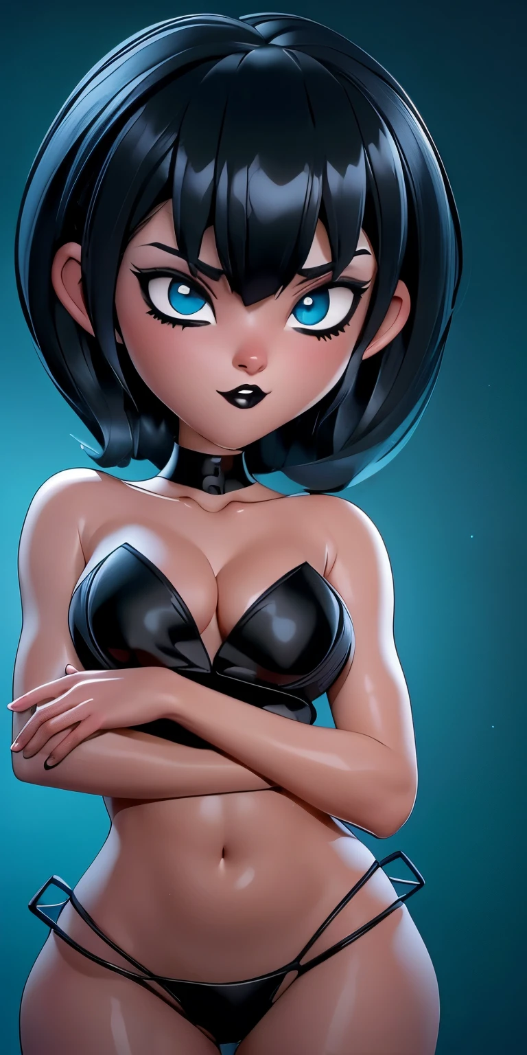 (best quality:1.4),(shiny skin), body focus, (cute face), (((best quality))), illustration, ((Beautiful Finger)), , Beautiful body, Beautiful character design, ,perfect lighting, Colorful, Bright_Front_face_Lighting, ultra high res, highres, absurdres:1.2, bokeh:1.2, lens flare, (vibrant_color:1.2), (thick thighs:1.1), THICK, Black hair with bangs, pale skin, large round blue eyes, black eyeliner, black lipstick, neutral expression, ruffled bikini