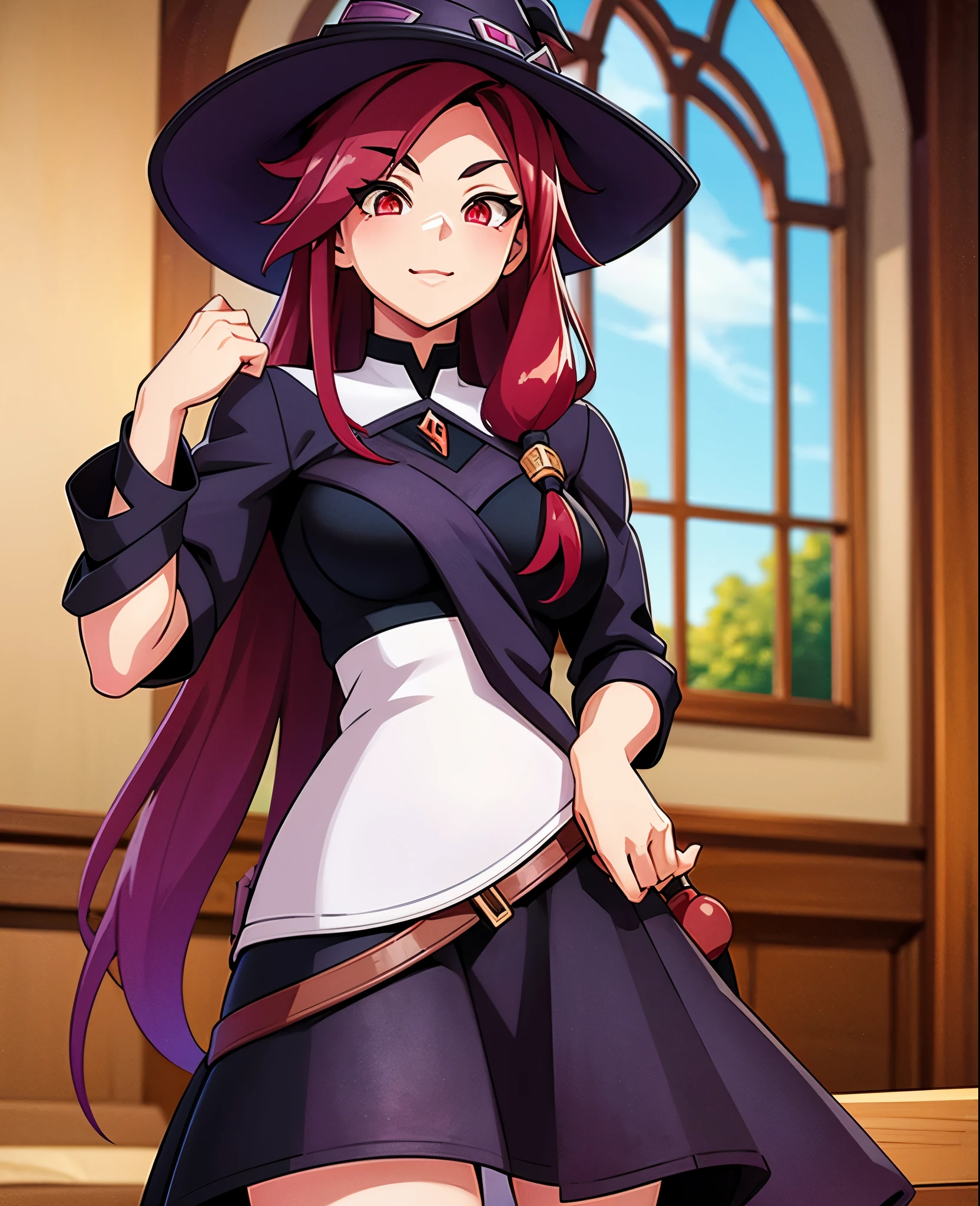 beautiful girl, Red hair, red eyes, dark purple witch clothing