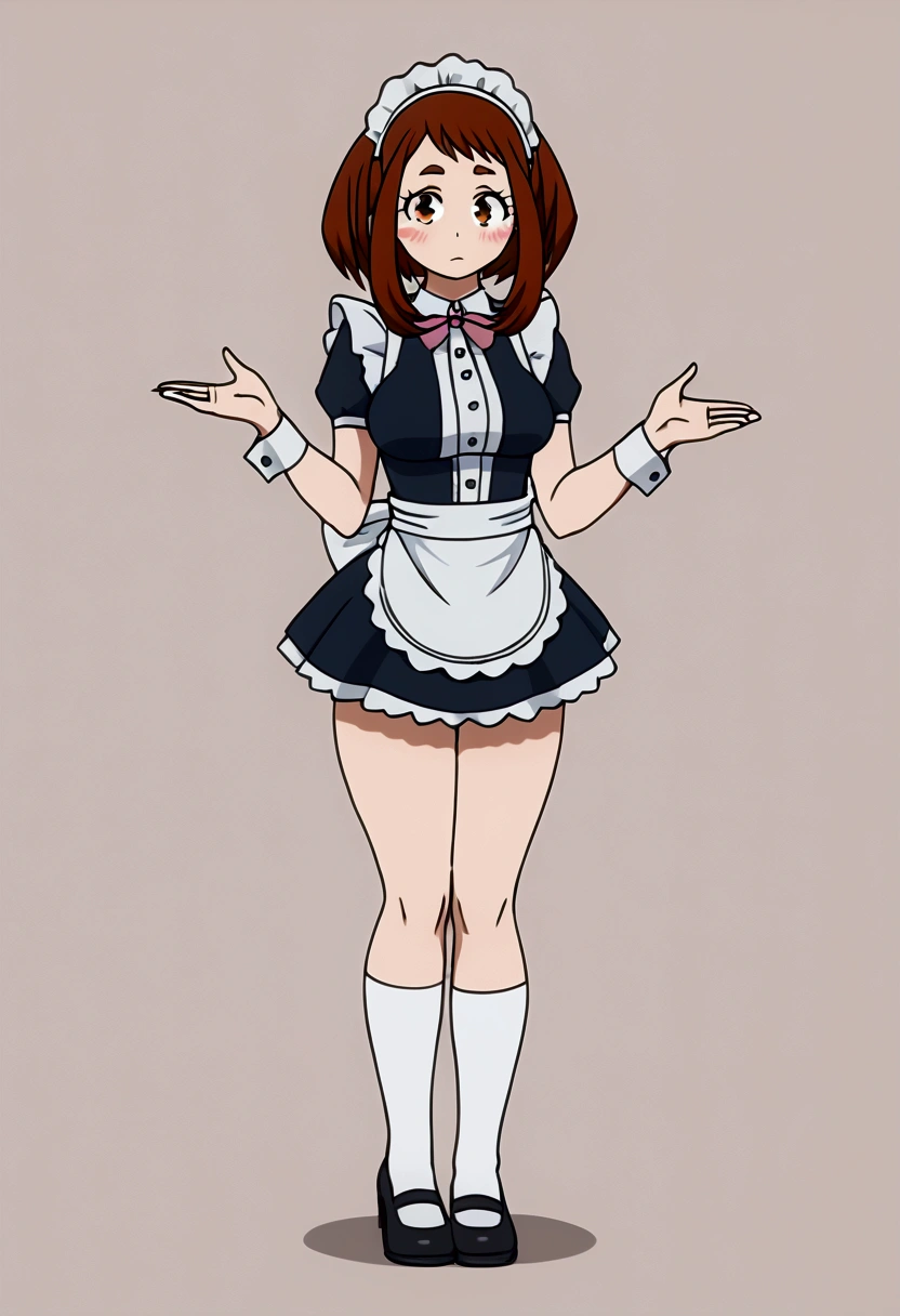 (Ochaco Uraraka),(is a short girl with a curvy figure, fair skin, and curly hair with eyes that match in color. She has perpetual pink blush on her cheeks, and her eyes are large and round with thick upper lashes, two longer and more prominent ones on either side, and fewer but more individually pronounced lower lashes. Her hair is shoulder-length with short bangs, and the style is rocked with two long strands framing her face. She has small, thick pads on the tips of her fingers, similar to the toes of an animal's paws), ( wearing),+,(\dressed as a maid, and the maid's outfit is super revealing on the back, I lowered the short skirt a lot, showing my legs, and a little of my panties, and the apron part at the back of the skirt is very low, and over the maid's uniform it looks like a very short and sensual bra, and she has a big butt and super big breasts, she is super busty and has a very big butt)/,