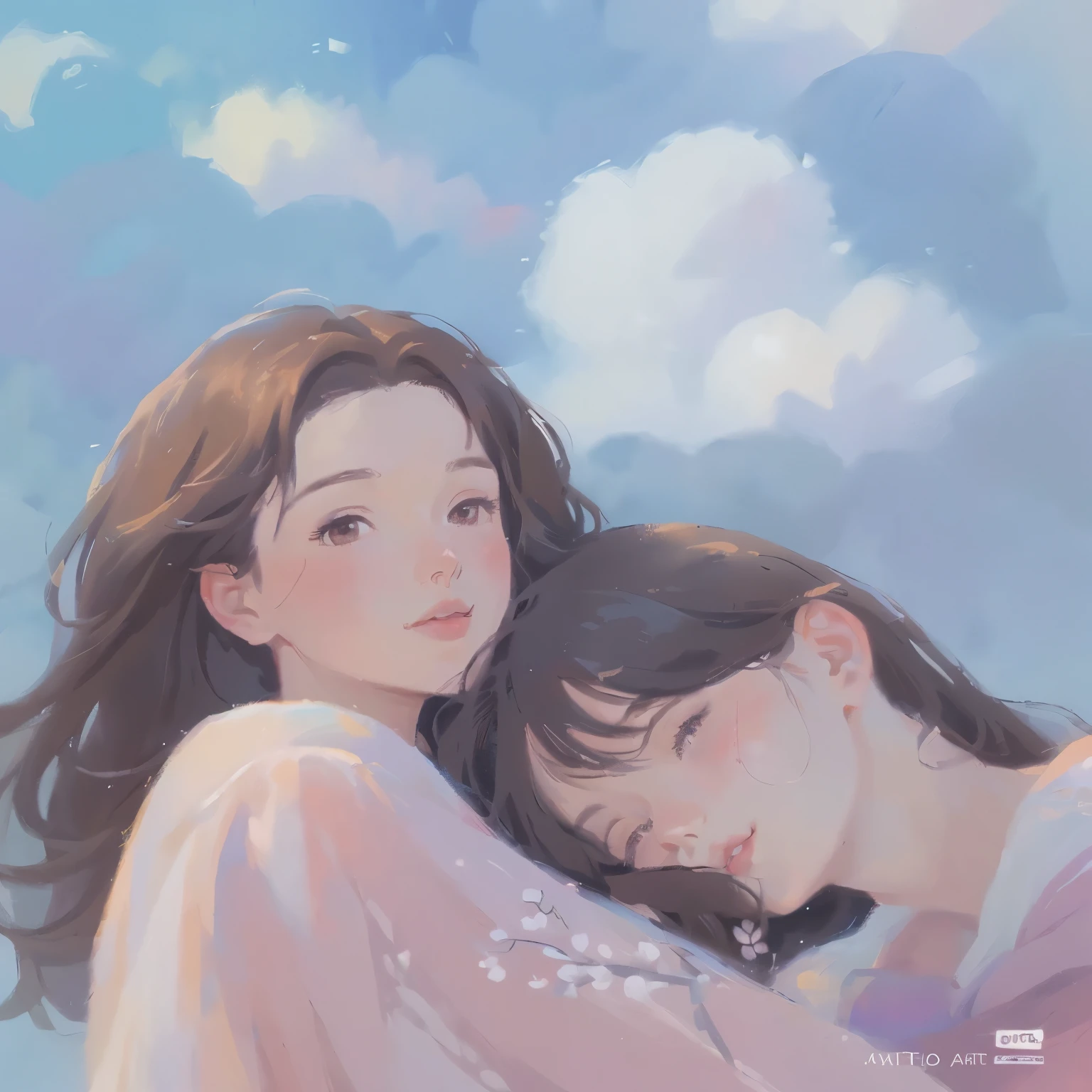 painting of two women hugging each other with clouds in the background, in the art style of bowater, beautiful painting of friends, trending on artstration, artwork in the style of guweiz, high quality fanart, beautiful drawing style, art cover, kawaii realistic portrait, blurry and dreamy illustration, soft anime illustration, two girls, cute art style, realistic cute girl painting