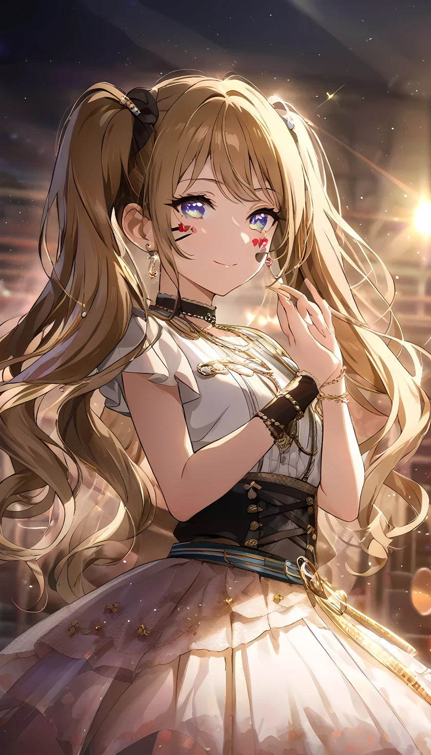 ((best quality)), ((masterpiece)), (detailed), perfect face, high detailed eyes, long eyelashes, light smile, ccurate, light brown hair, long twintails, jewelry, facepaint, atmospheric perspective, 8k, Idol singer, concert venue, spotlight, light beam, cowboy shot