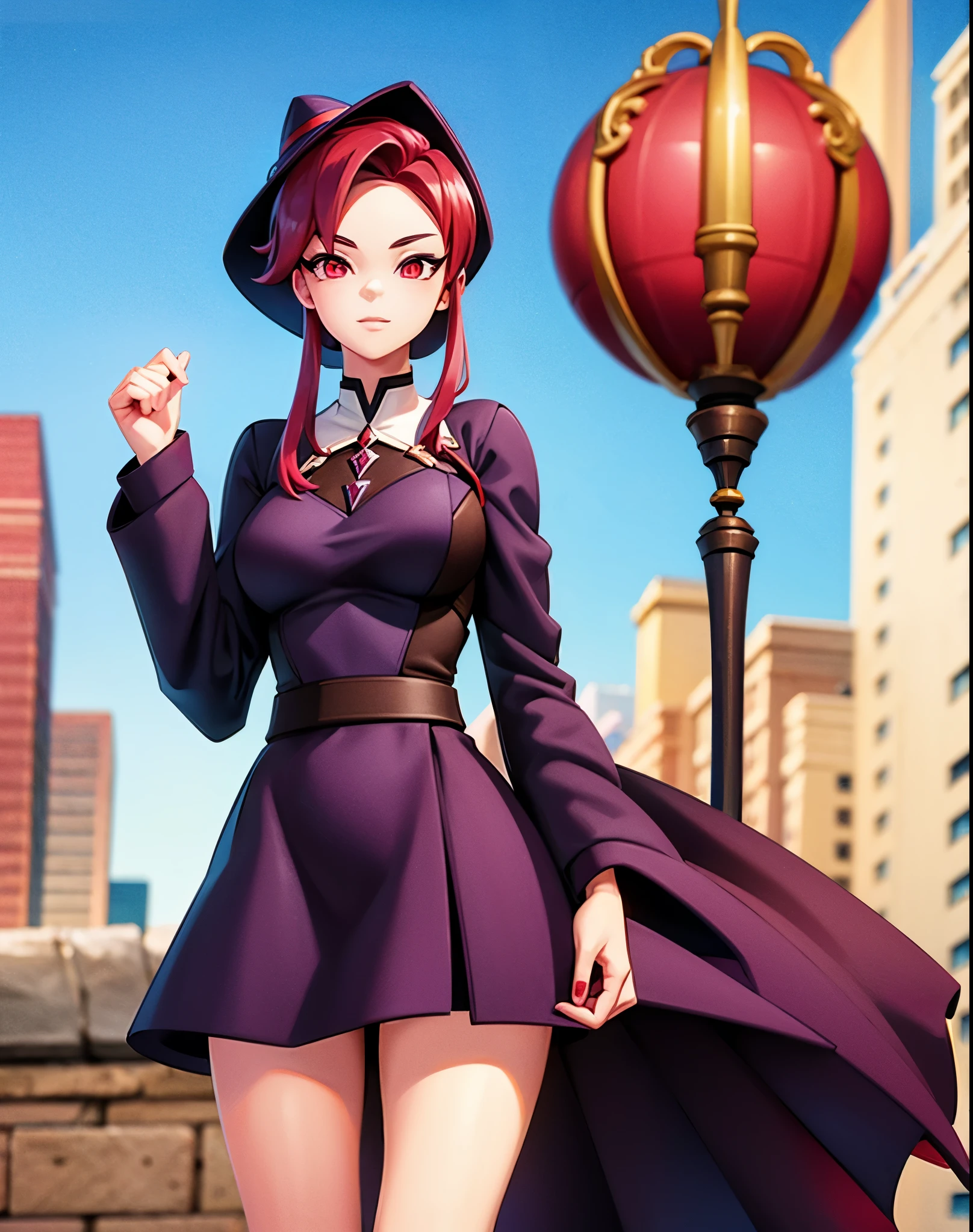 beautiful girl, Red hair, red eyes, dark purple witch clothes