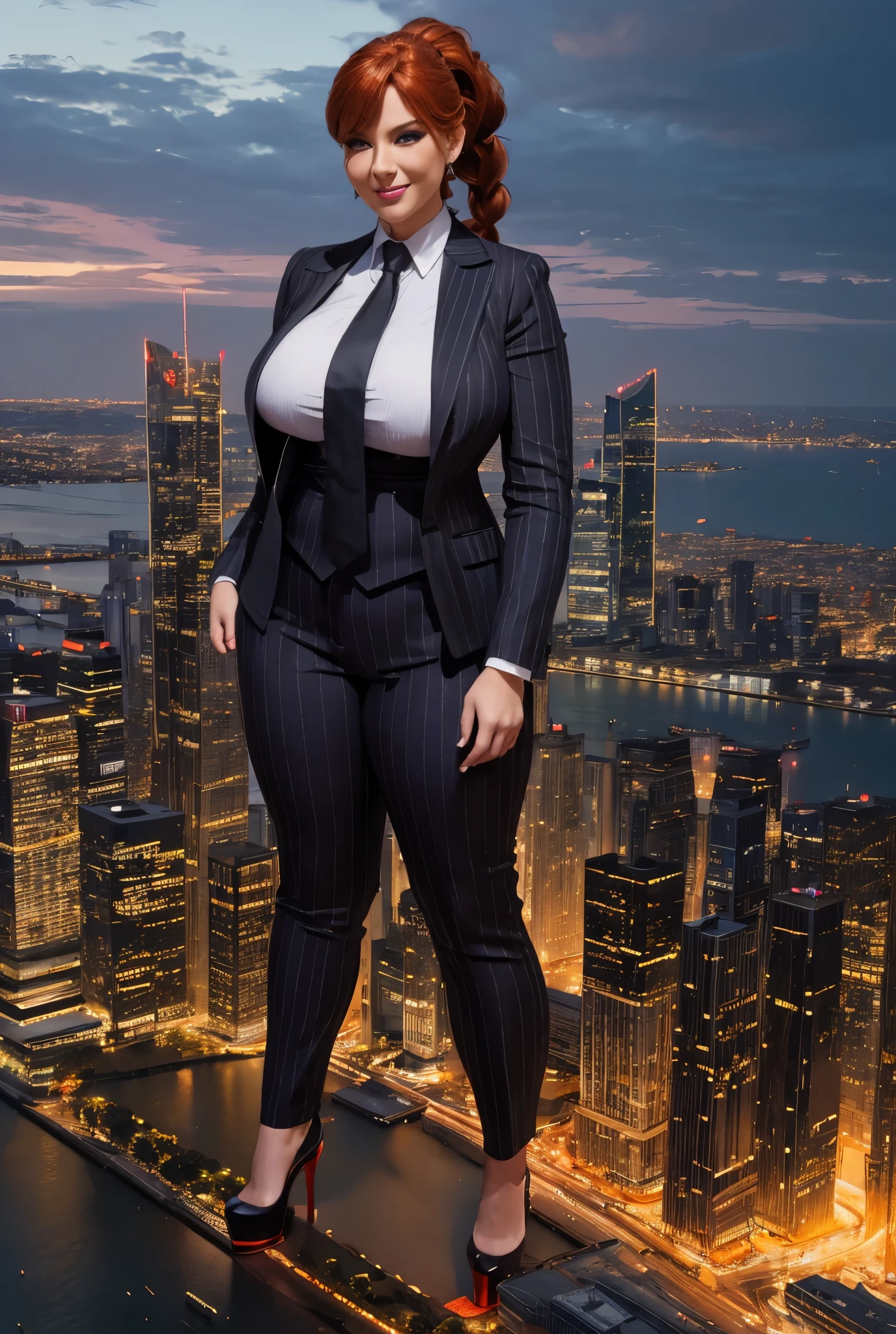 Giantess art, giga giantess in distance, a group of multiple women with beautiful curves, massive thighs, bright ginger hair in a fishtail braid, lipstick, wearing a perfect grey pinstriped trouser and blazer suit, crisp white shirt, and a large purple tie, tied in a windsor knot, with massive breasts. She is wearing black platform high heels and standing on a miniature city, with skyscrapers at her feet, smiling with her huge breasts. This image is highly detailed, photorealistic, best quality, a masterpiece, with cinematic lighting, ultra-detailed, featuring black patent Louboutin pumps, long ponytail hair with front bangs, low altitude photography, a curvy figure, heaving bosom, legs, a mega city, skyscrapers sprawl, destruction at feet, fires, arm, buildings, roads, a cloudy, overcast, hazy atmosphere, and wispy clouds.
